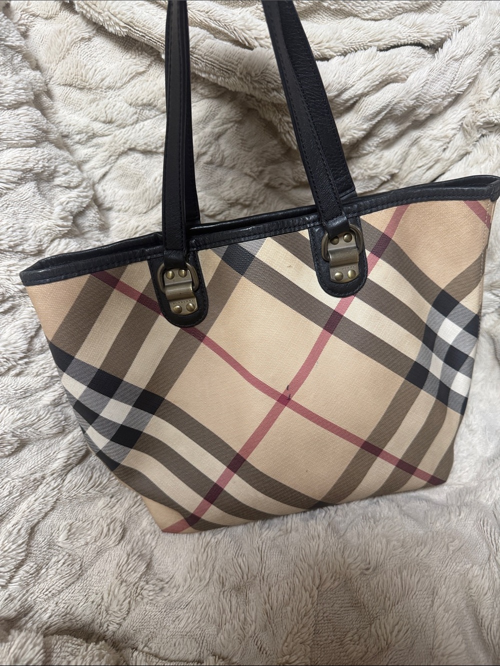 Burberry Classic Plaid Tote Bag in Beige with Black Trim - Picture 1 of 10